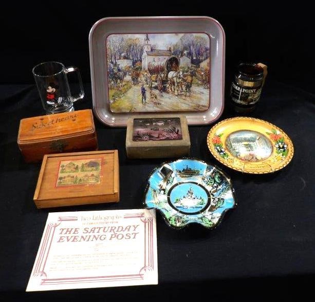 AMUSEMENT PARK SOUVENIRS, TRINKET BOXES AND MORE: DISNEY GLASS AND SOUVENIR DISH, CEDAR POINT MUG, AND WESTERN TRAY.