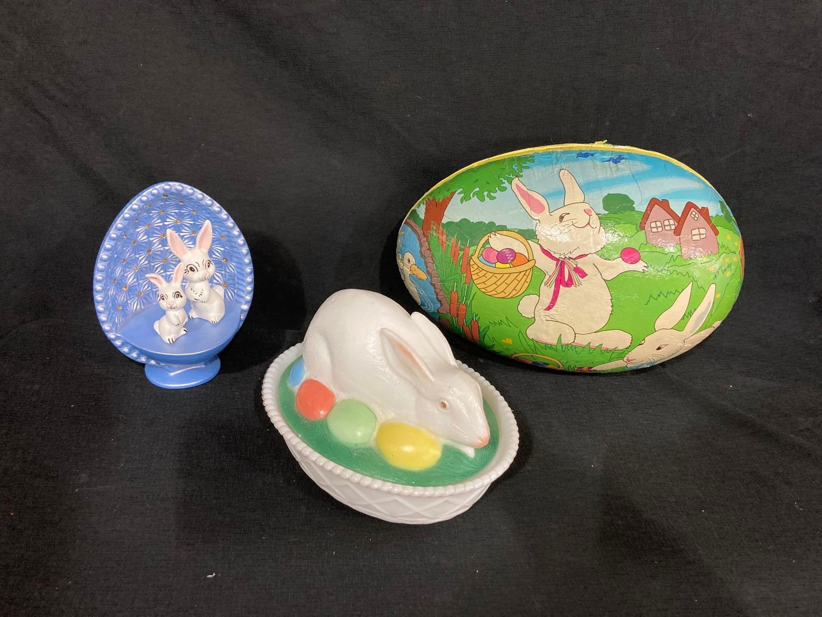 PAPER MACHE EGG, RABBIT CANDY DISH, & EGG: PAPER EGG IS 12 X 8.