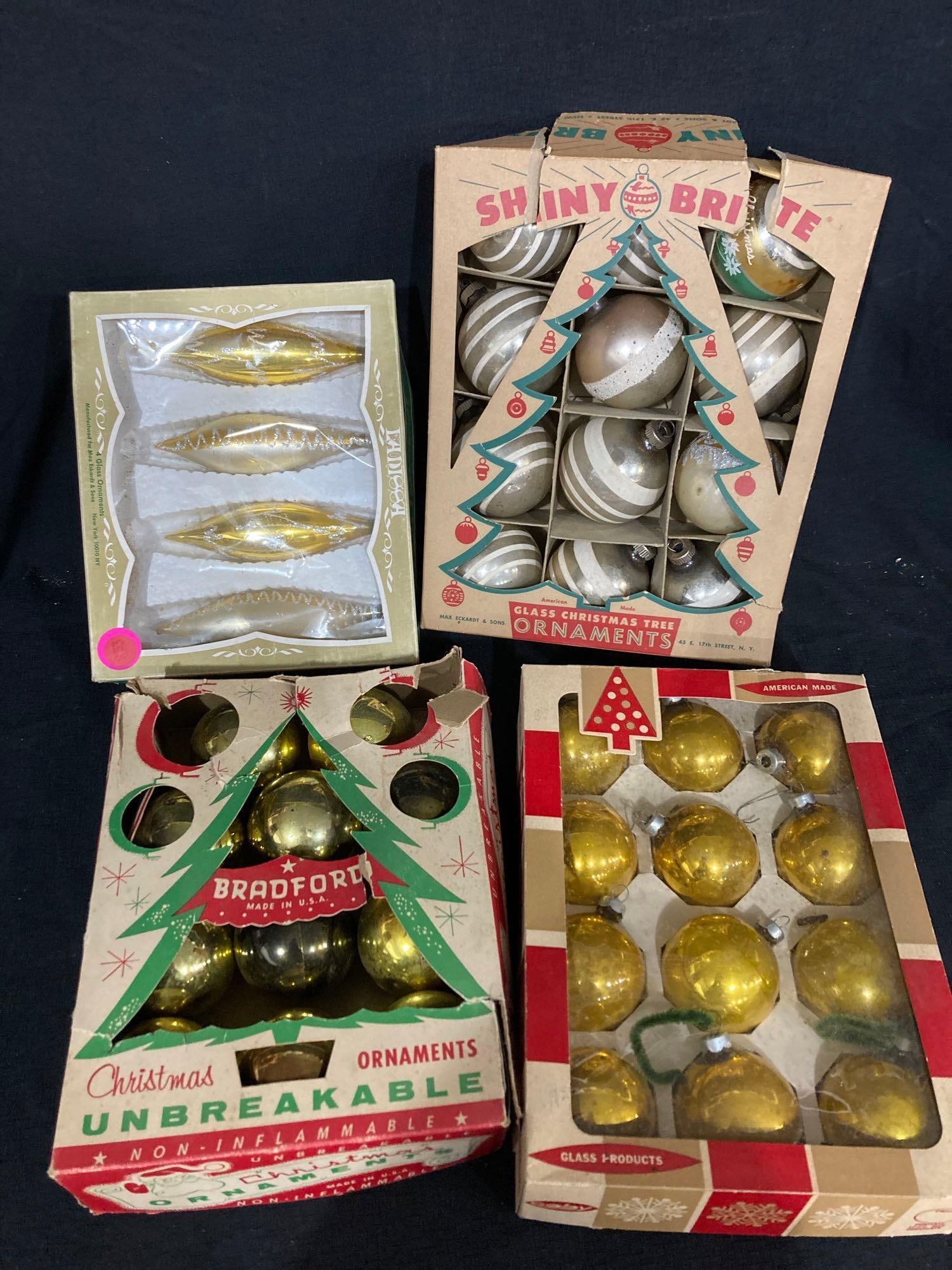 VINTAGE CHRISTMAS BULBS: 4 BOXES, SOME SHINY BRIGHT, VARIOUS COLORS, SHAPES AND SIZES 39 ORNAMENTS