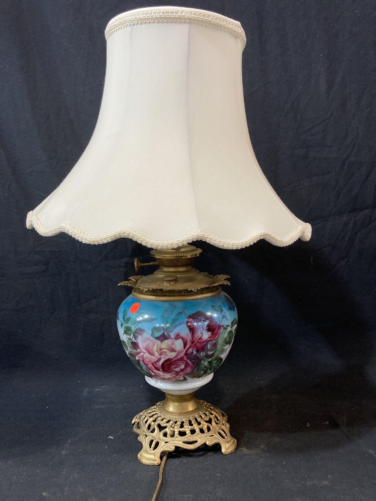 HAND PAINTED FLORAL AND BRASS LAMP: OIL LAMP CONVERTED TO ELECTRIC, 26 IN TALL