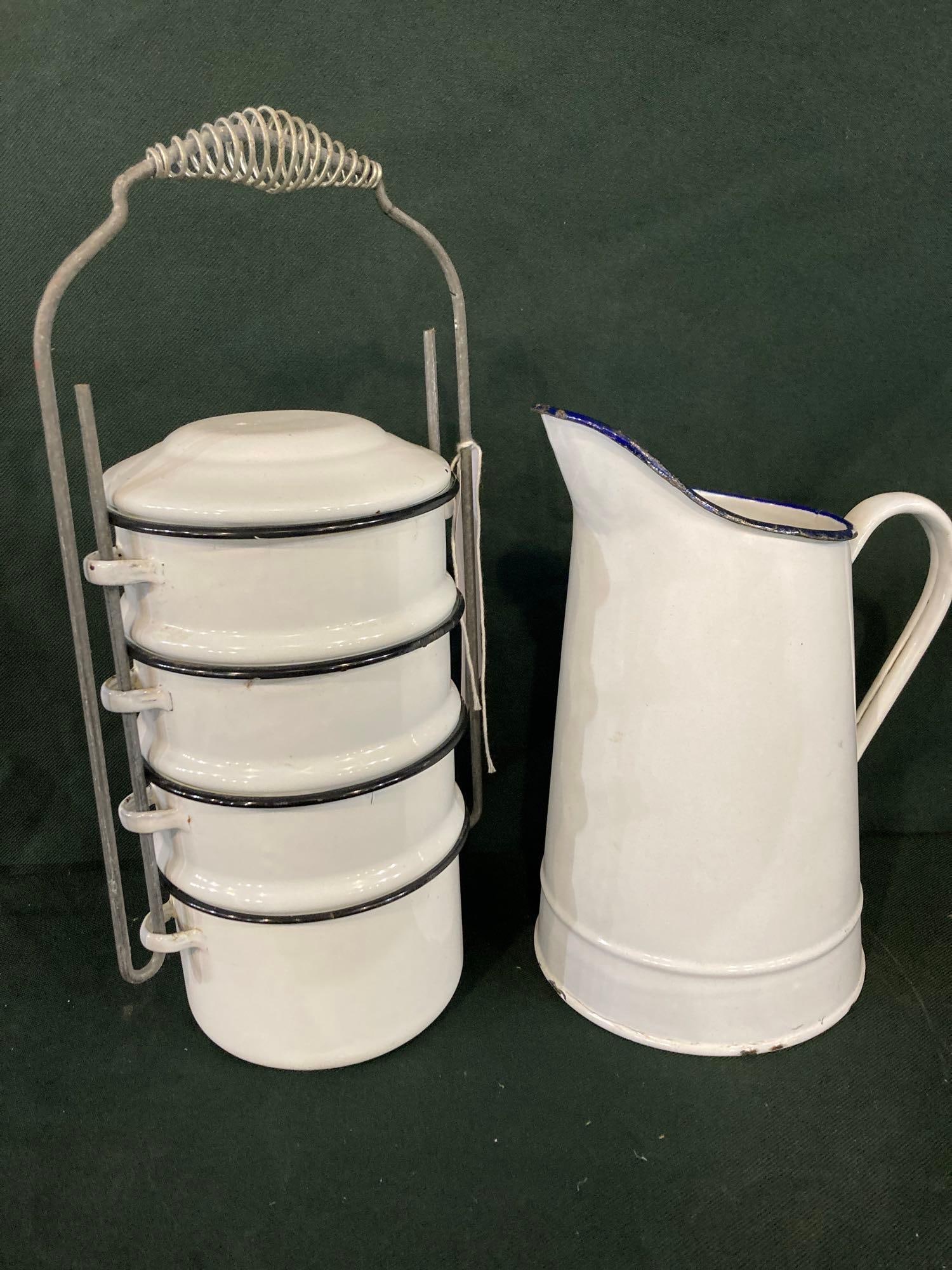 1940S TIFFIN ENAMEL LUNCH BOX & PITCHER: 4 STACKED BUCKETS ON WIRE ACK. PITCHER IS 10 INCHES TALL.