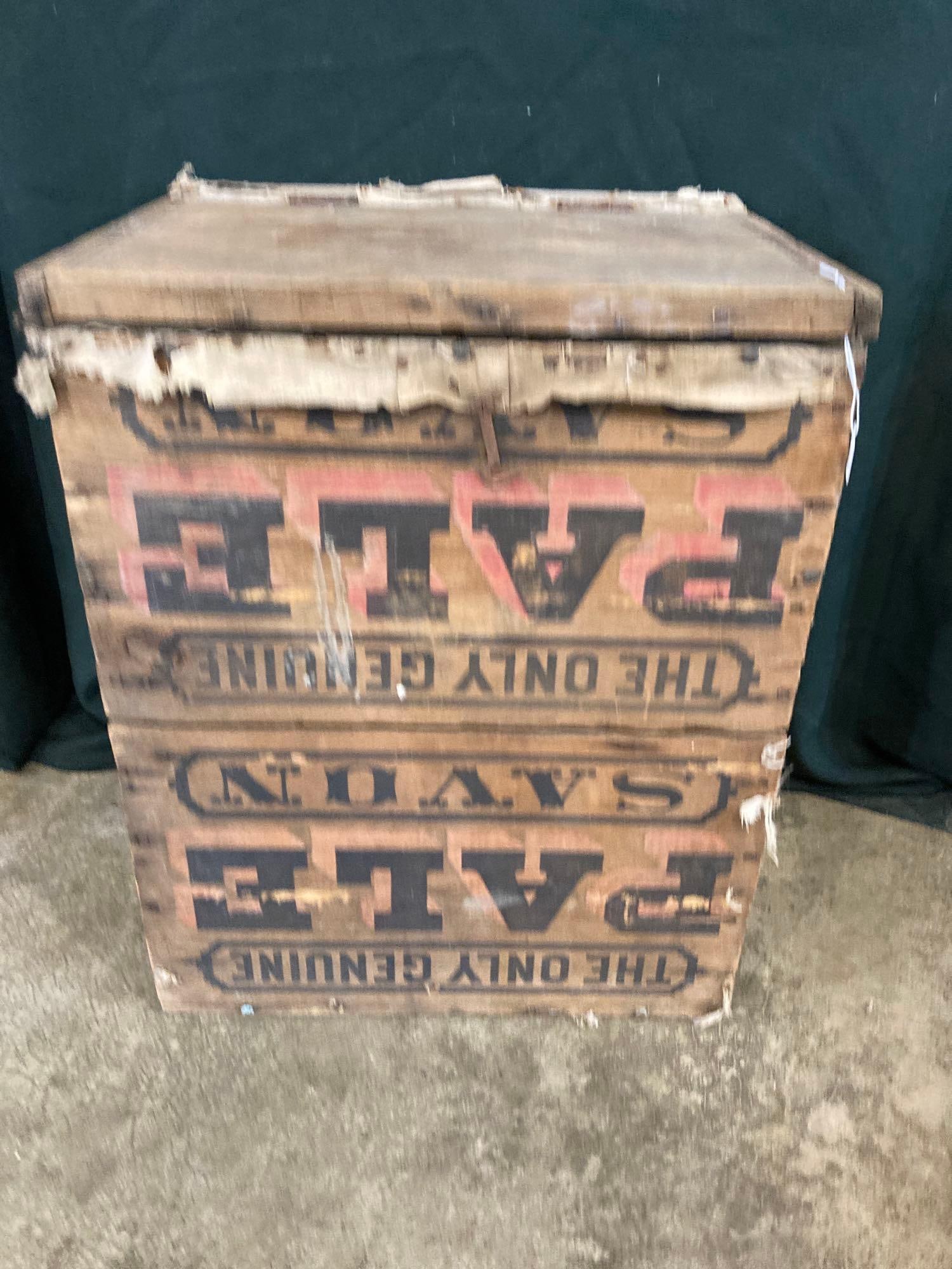 SOAP CRATE LAUNDRY HAMPER: OLD SOAP CRATES MADE INTO A HAMPER, LIDED AND LINED IN A LINEN. GRAPHICS AND PAPER LABEL ON BOXES ARE EXCELLENT. 21 X 14 X 17