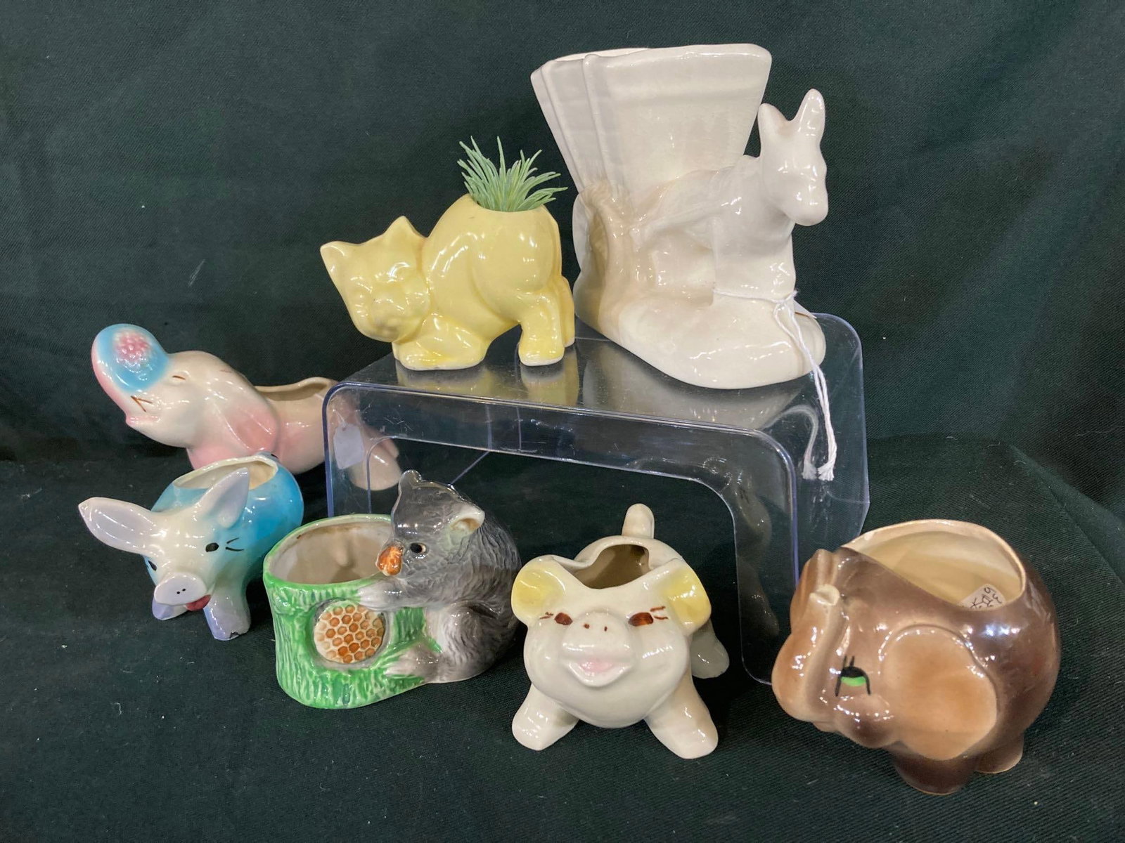 ANIMAL PLANTERS: INCLUDES PIG, ELEPHANT, DONKEY, CAT, AND MORE. VINTAGE JAPAN MARKED.