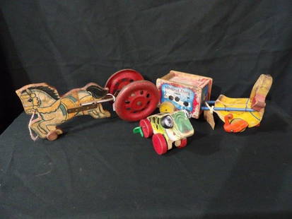 VINTAGE CHILDRENS PULL TOYS: FISHER PRICE JOLLY JUMPER FROG, AND PULL ALONG DUCK. HORSE IS A N.N. HILL BRASS CO.