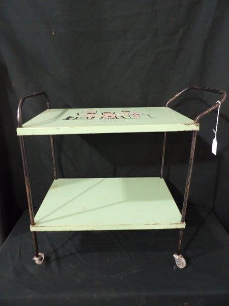 LITTLE MISS MUFFETT TEA CART: VINTAGE MINT COLOR. ON WHEELS. 18 X 21 X 12