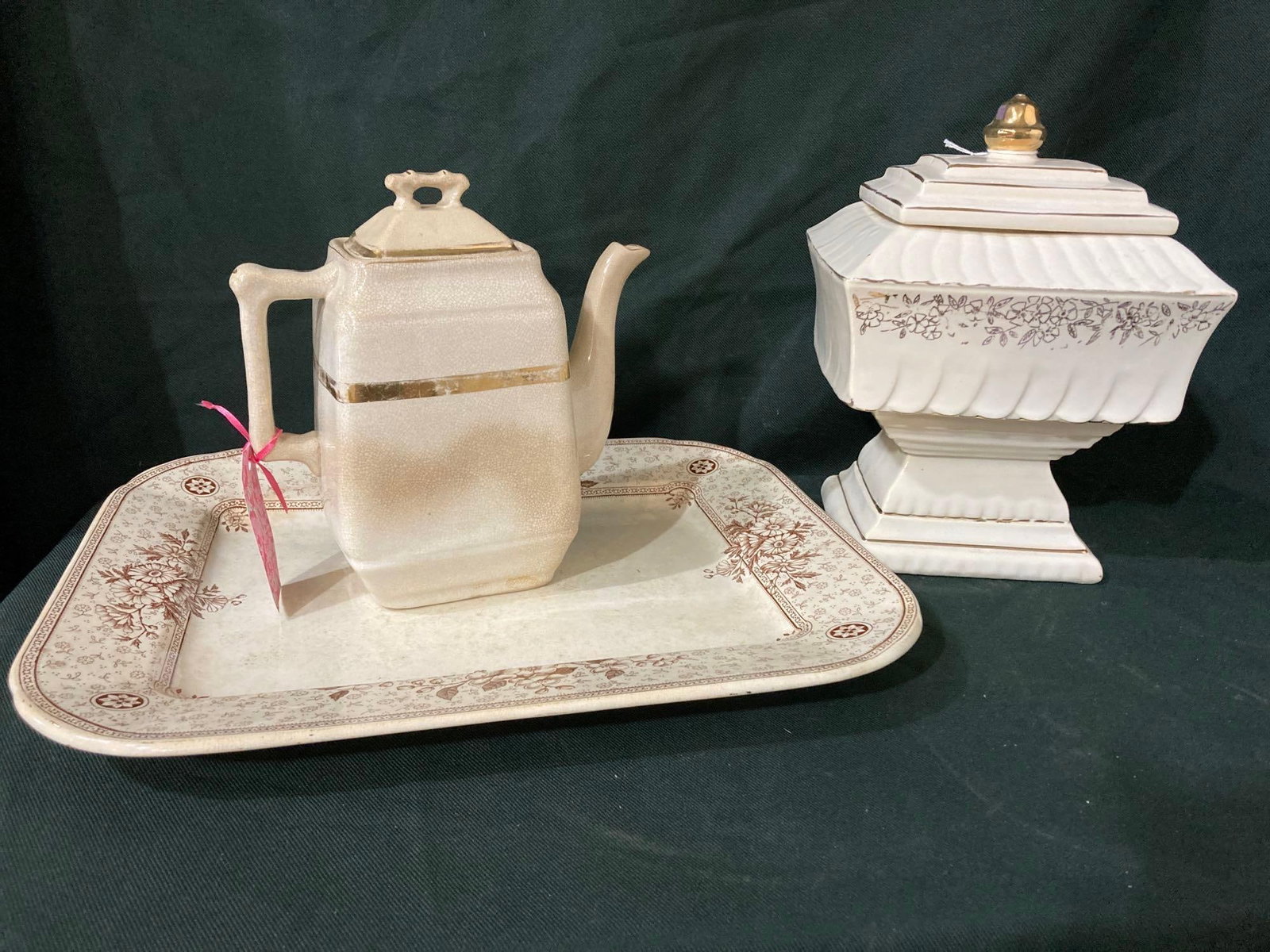 CREAM AND GOLD PLATTER AND SERVING PIECES: BUFORD BROS TEAPOT, MCCOY SERVING DISH AND MELROSE PATTERN PLATTER