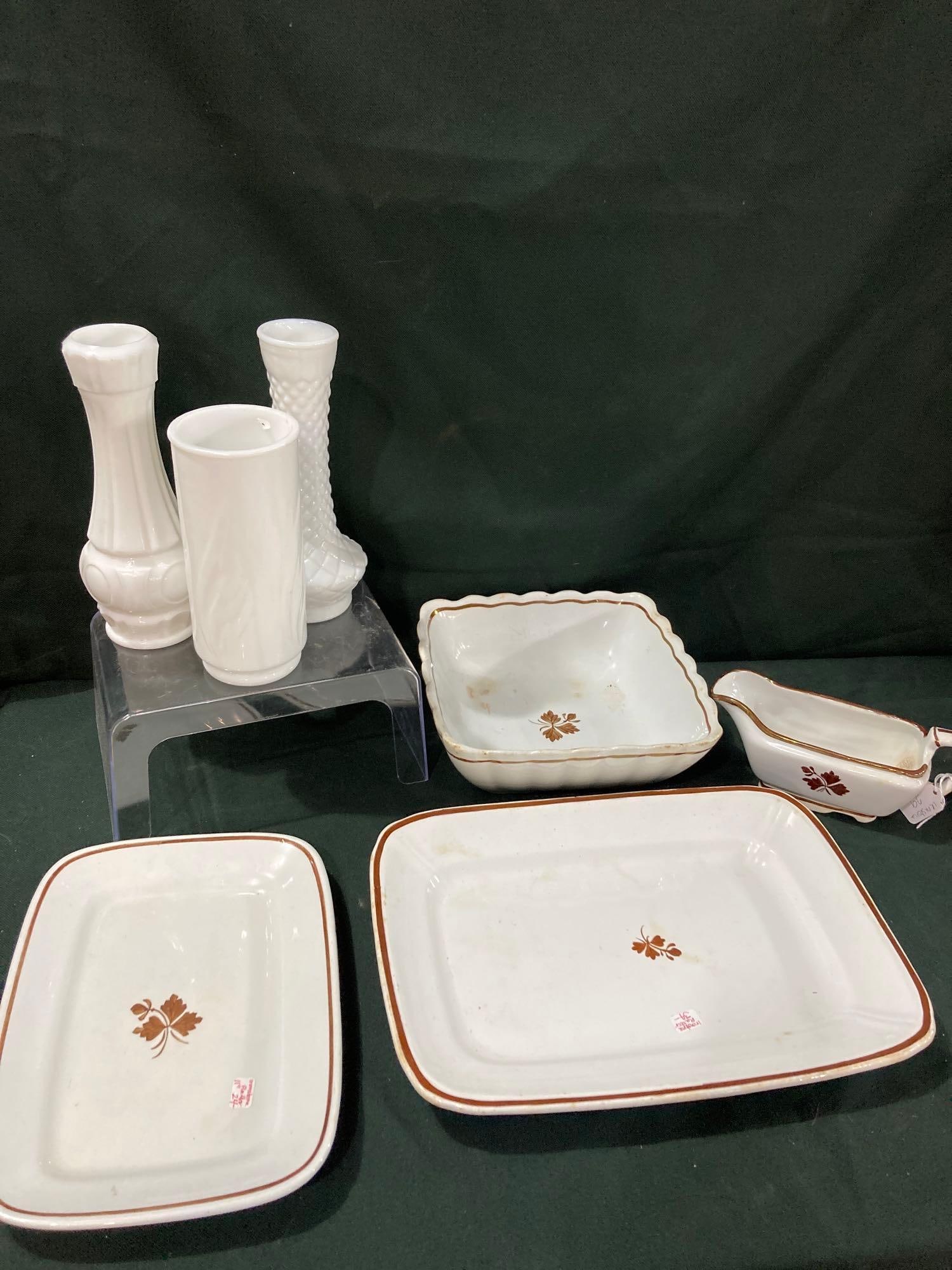 MILKGLASS VASES AND ROYAL IRONSTONE DISH SET (1 of 9)