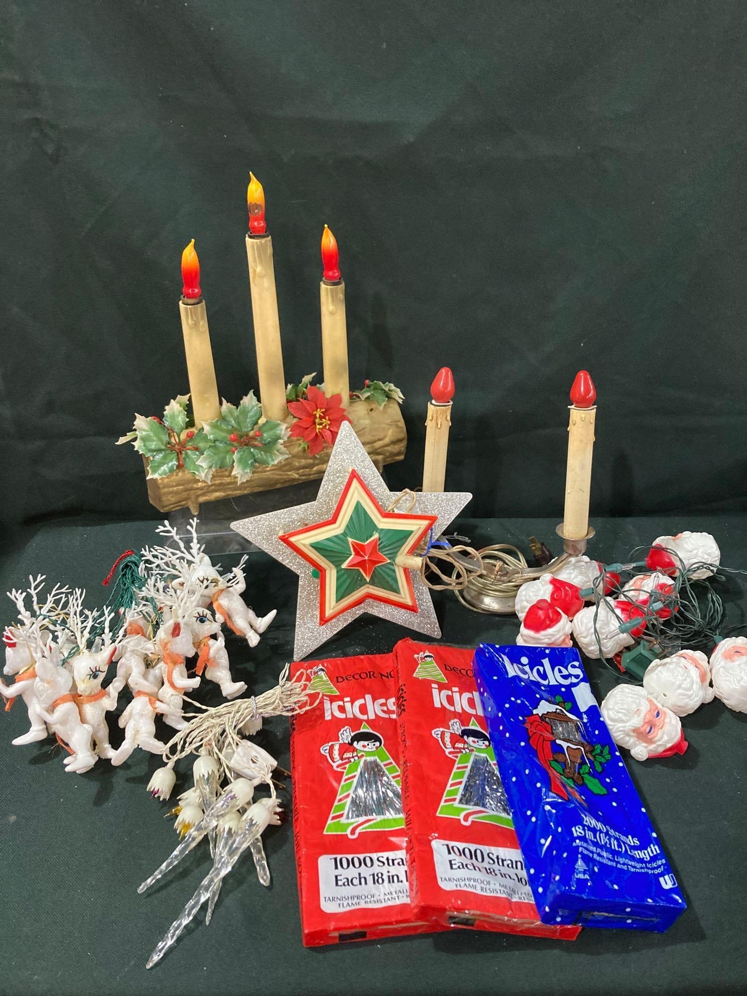 VINTAGE LIGHTED CHRISTMAS BULBS: REINDEER AND SANTA LIGHTS. YULE LOG CANDOLIER AND MORE VINTAGE ITEMS. NOT TESTED