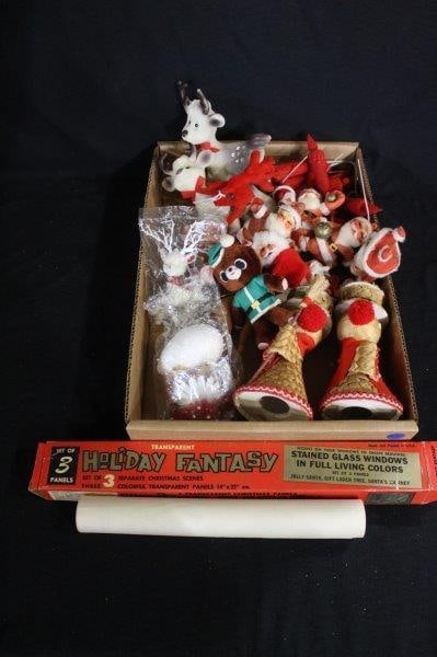 VINTAGE FLOCKED CHRISTMAS ORNAMENTS: WINDOW CLINGS, AND MANY ORNAMENTS