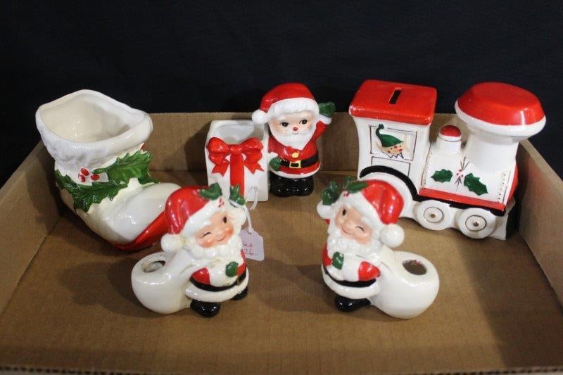 VINTAGE ENESCO & JAPAN CHRISTMAS: CANDLE HOLDERS, BANK, AND PLANTER.