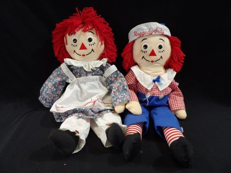RAGGETY ANNE AND ANDY DOLLS: STUFFED 26 IN DOLLS. MAY HAVE A FEW STAINS OR DIRT DUE TO STORAGE