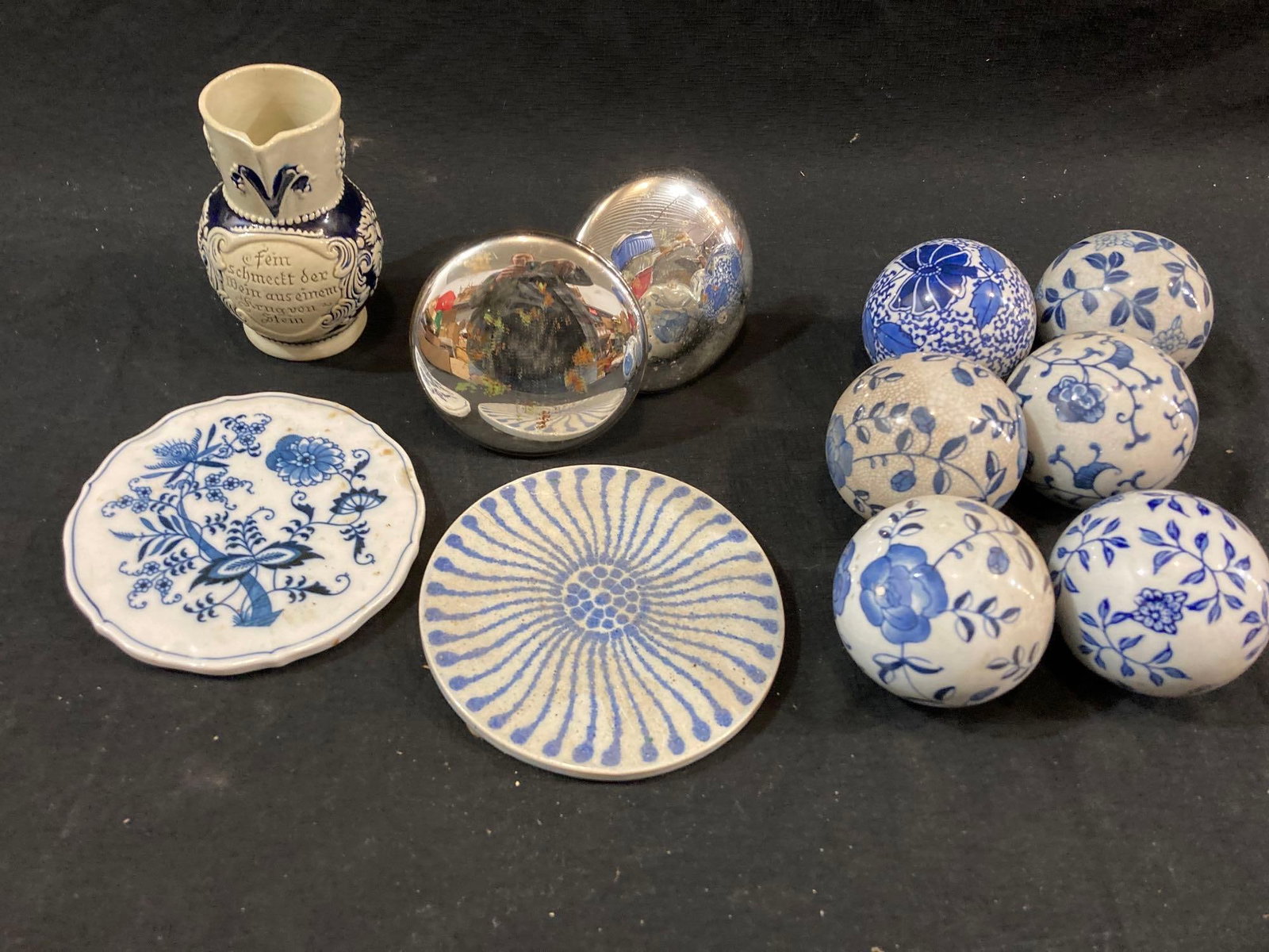 COBALT BLUE GLASED DECOR & BALLS: 6 GLAZED DECORATOR BALLS, PAIR OF MERCURY TIE BACKS