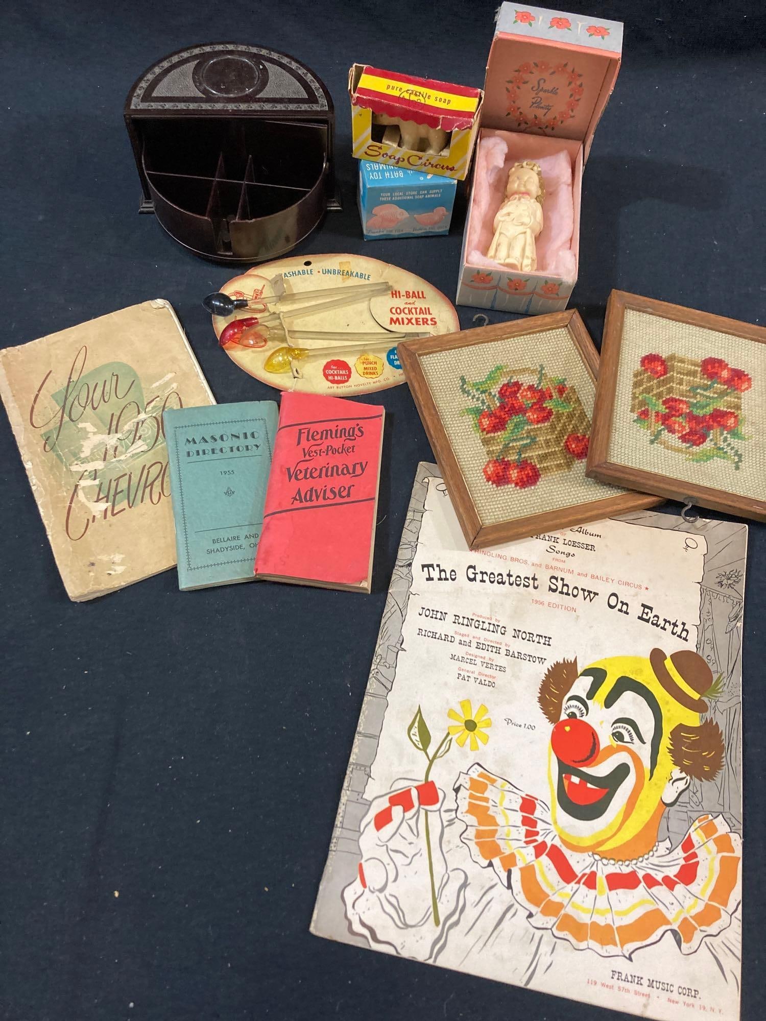 UNUSUAL JEWELRY BOX, CIRCUS ITEMS & DRINK MIXERS: SOAP ANIMALS, EMBROIDERED FRAMES.�