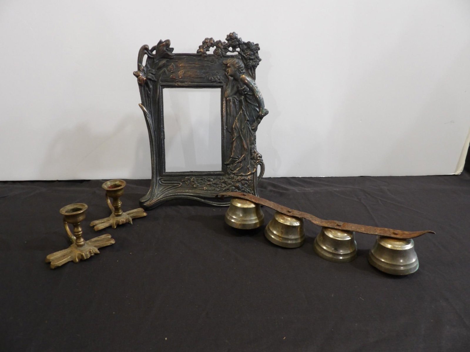 ORNATE FRAME, BELLS & DRAGON FLY CANDLE STICKS: OVER THE DOOR BELLS, FRAME WILL HOLD A 5.5 X 4 INCH PHOTO. CANDLE HOLDERS ARE 3 INCHES TALL