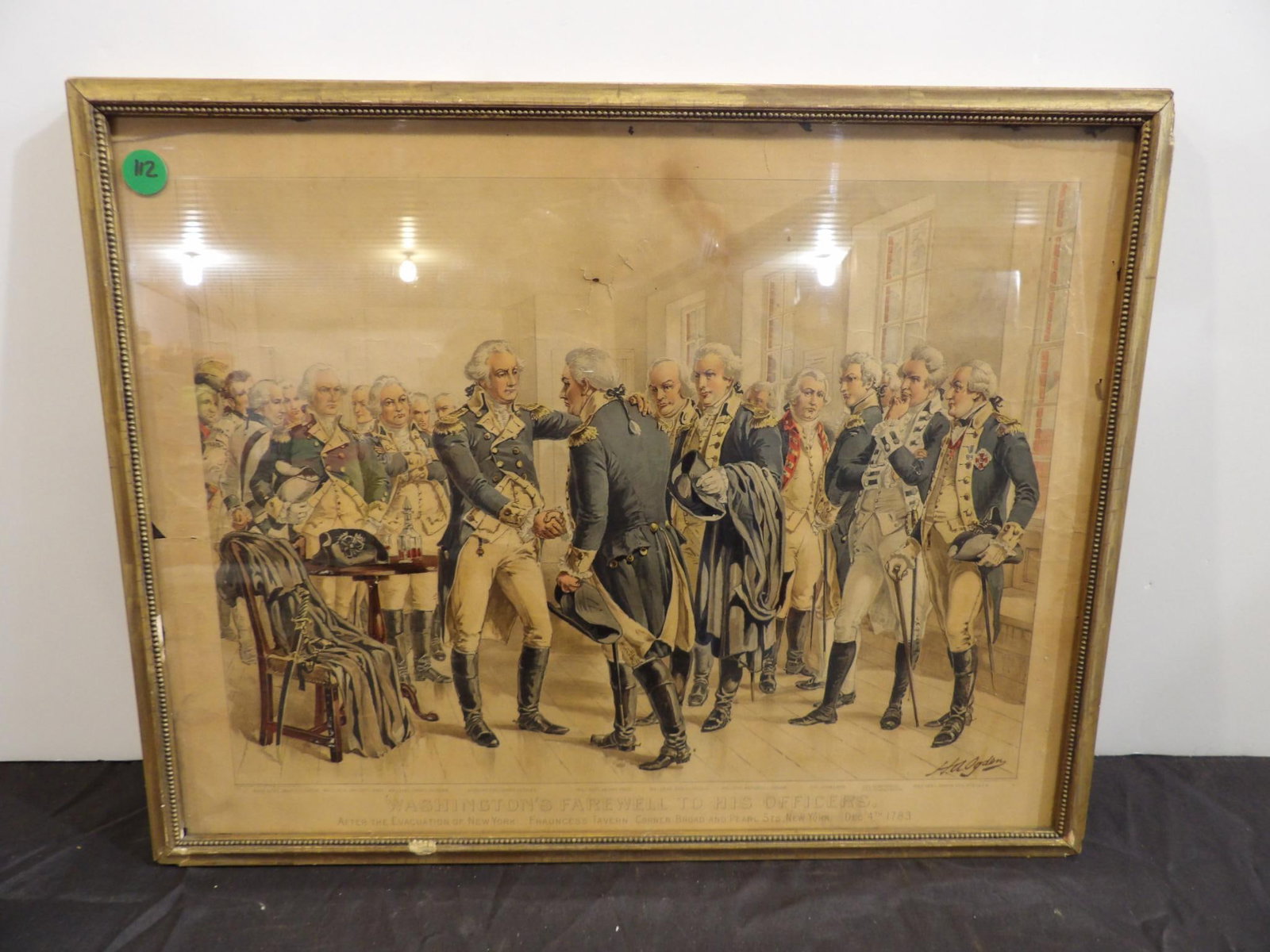 WASHINGTONS FAREWELL TO HIS OFFICERS FRAMED LITHO: ORIGINAL 1893 BY TRIBUNE ASSOCIATION. A FEW SMALL PUNCURES IN PRINT, AND GLASS HAS A SMALL BREAK IN UPPER LEFT CORNER. 19 X 15