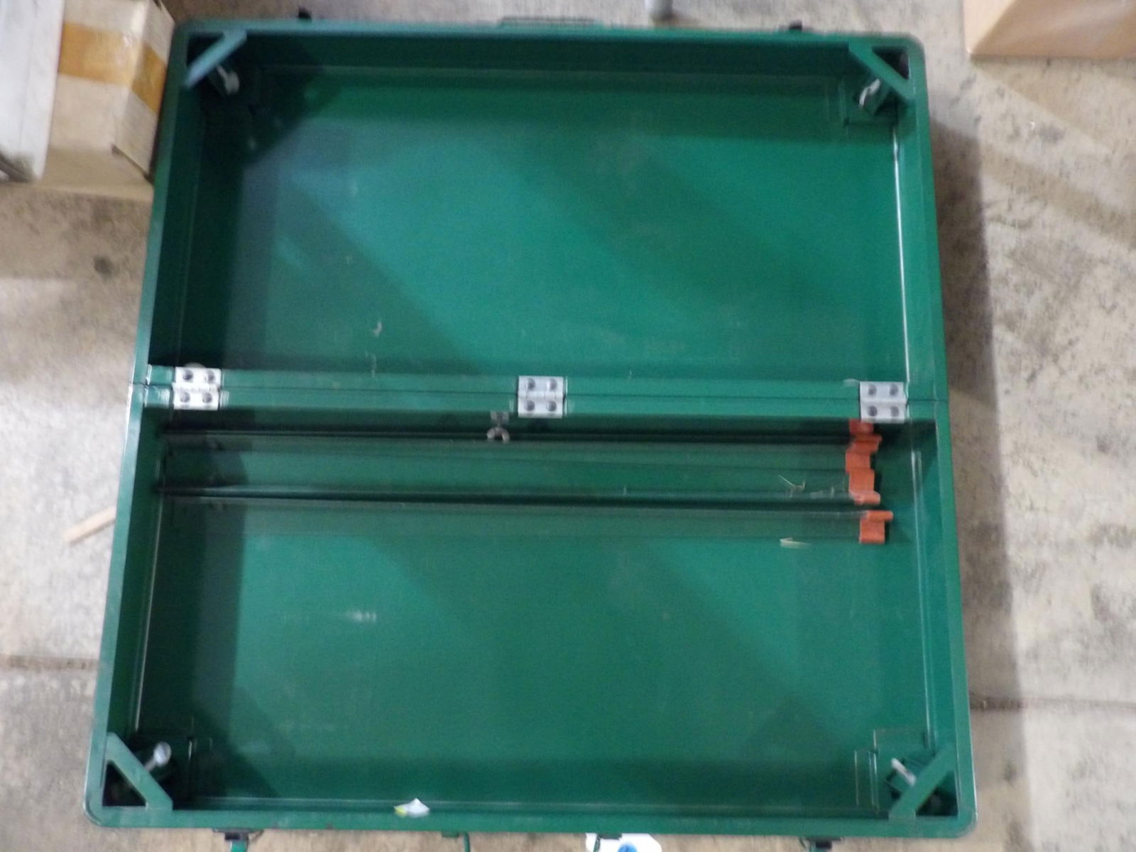 COLEMAN CAMP FOLD UP TABLE: METAL CARD TABLE SIZE. FOLDS IN HALF WITH STORAGE FOR LEGS INSIDE.