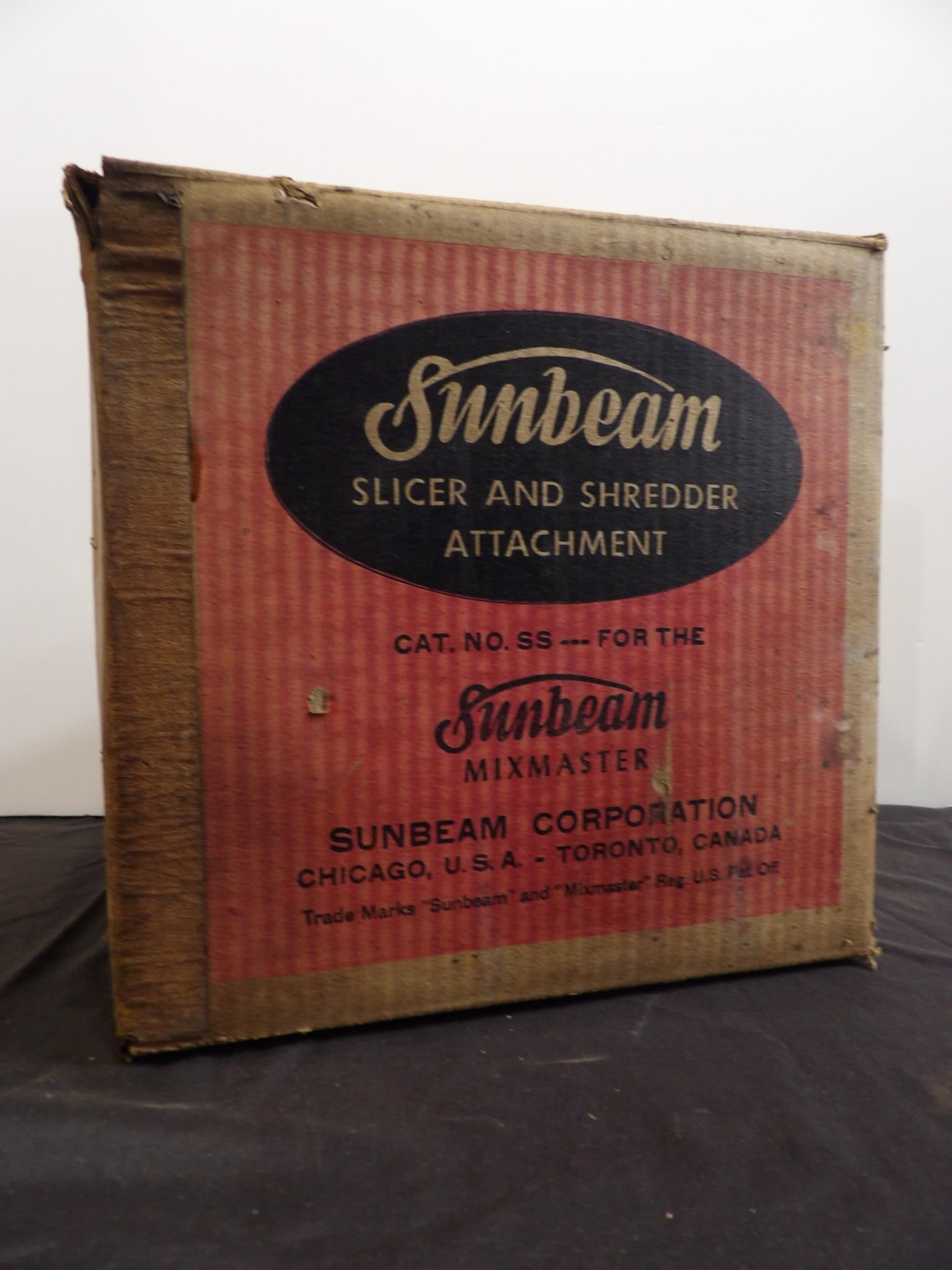 SUNBEAM SLICER AND SHREDDER ATTACHMENT: BOX IS IN POOR CONDITION