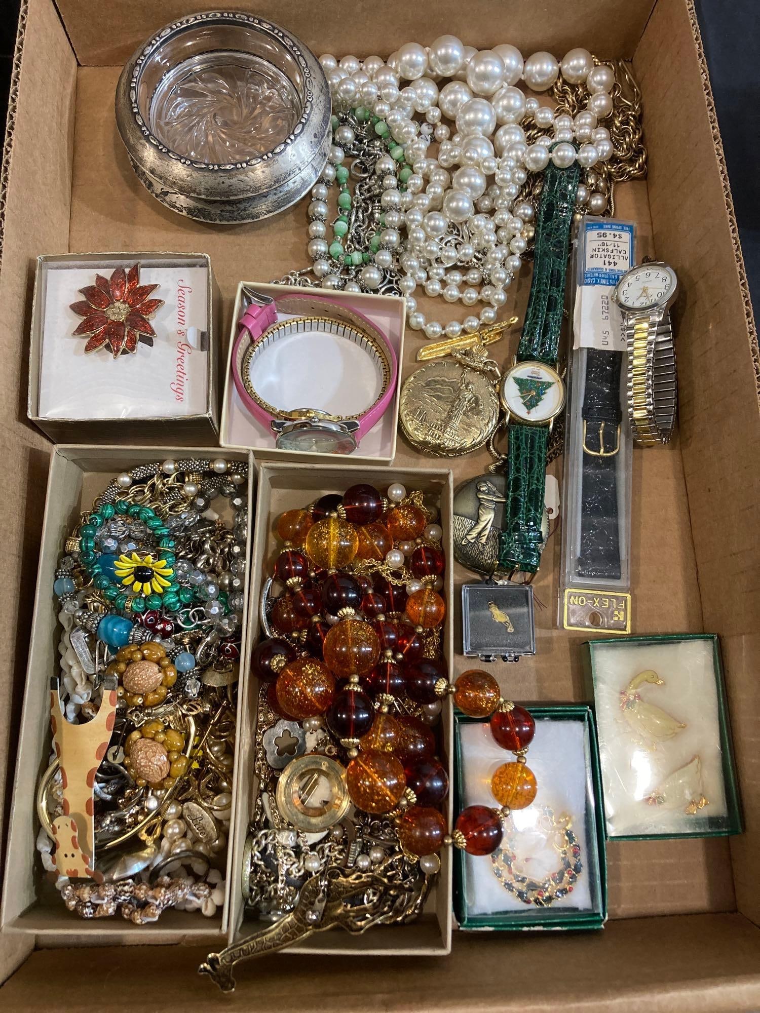 LOT OF VINTAGE JEWELRY: INCLUDES POCET AND WRIST WATCHES, STERLING COASTERS, CHRISTMAS PINS AND MPRE. THIS LOT HAS NOT BEEN THROUGHLY GONE THRU AND MAY CONTAIN SOME HIDDEN TREASURES.