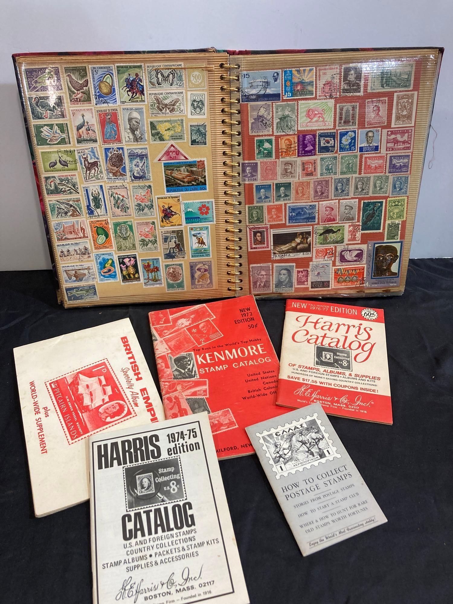 STAMP COLLECTION ALBUM: 1924-1970S. INCLUDING US AIRMAIL, ENGLAND, IRAN, TURKEY, AND SOME STAMP COLLECTOR CATALOGS