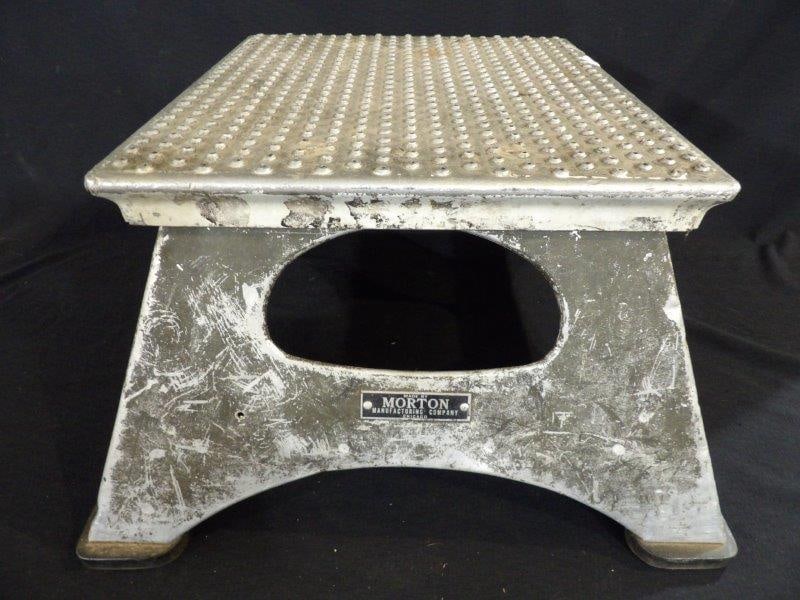 MORTON C&O RR STEP STOOL: EMBOSSED C&O ON SIDE. CHICAGO, SOME SCUFFS AND DENTS ON BODY BUT VERY STURDY AND SOLID. 20 X 18 X 10.5