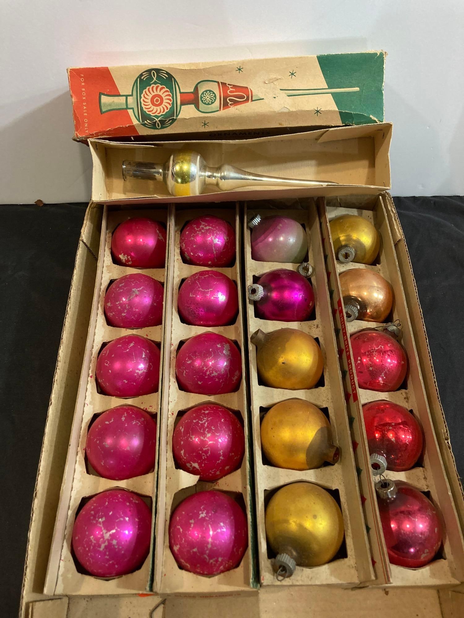 SHINY BRITE GLASS ORNAMENTS: 20 ROUND BULBS AND ONE TREE TOPPER