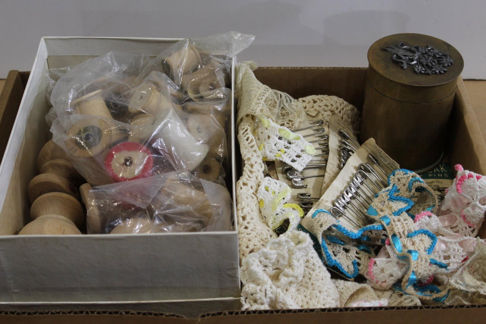 WOOD SPOOLS & CROCHETED DOILIES: VARIOUS DOILIES. FLORAL BRASS CANISTER