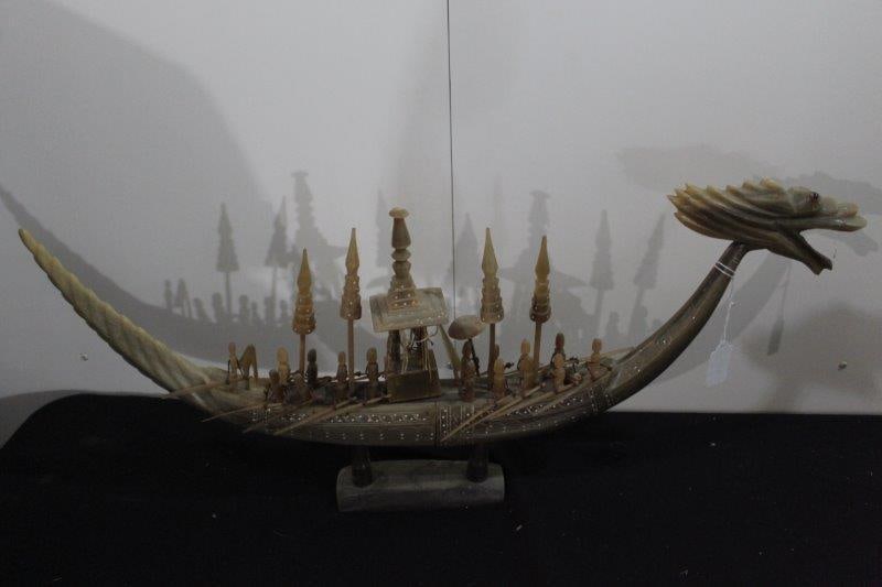 CHINESE CARVED ABALONE SHIP: HANDCARVED VERY NICE