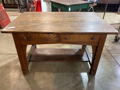 Signed Limbert Mission Oak Library table: Shows some wear on top but overall is a good solid piece with a great look and with original brass drawer pulls! Original label inside drawer. Top is 32X34; x 48X34; 29X34; tall.