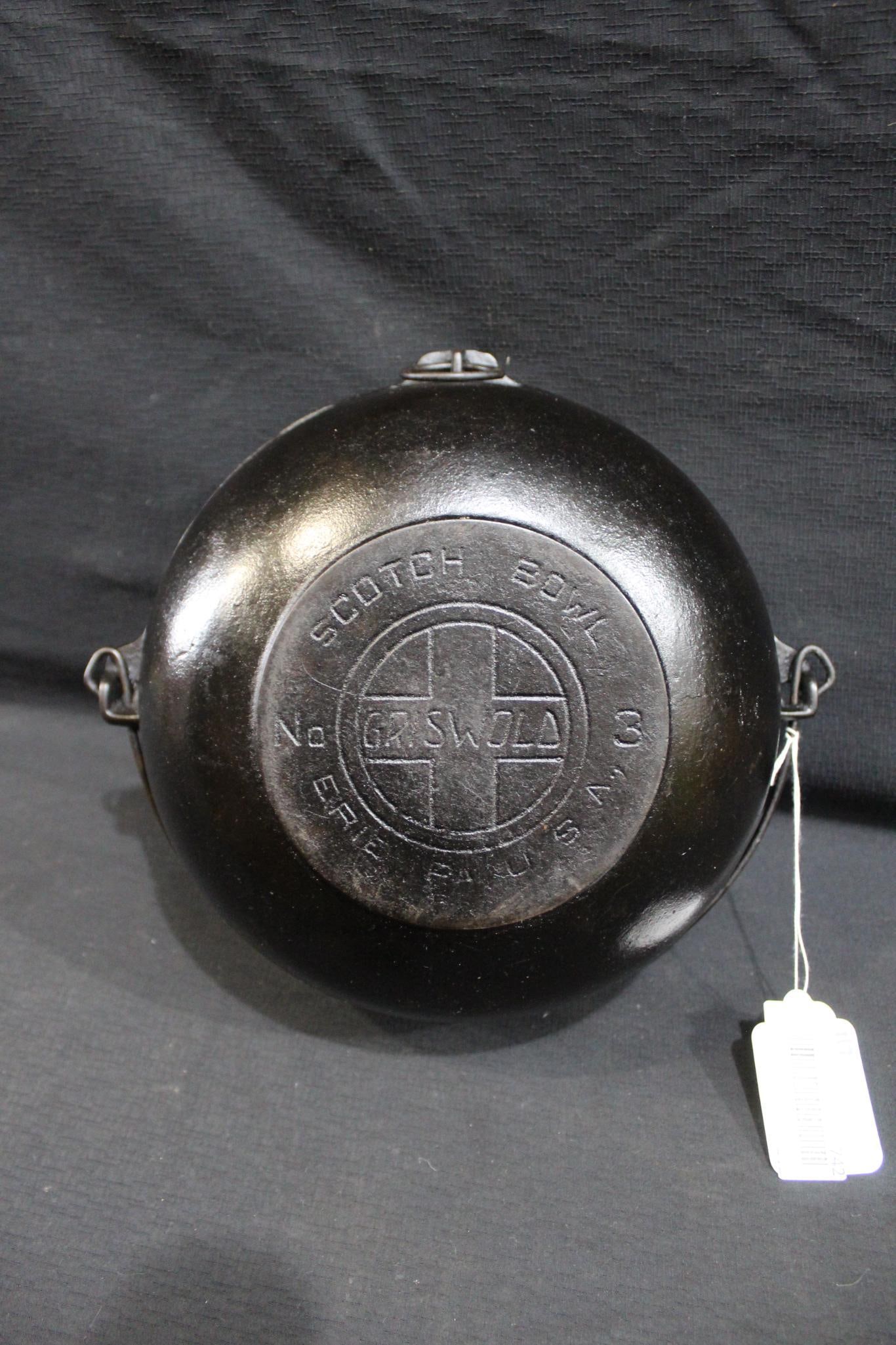 Griswold #3 cast iron Scotch Bowl: With slant logo and shows some pitting to interior but is in good clean condition.