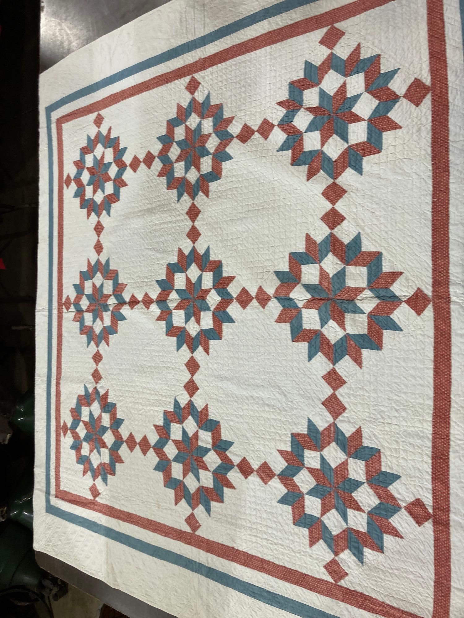 Early Hand Stitched Lady Friend Quilt : Showing areas of thinning due to age and usage.Â 78 IN; x 70 IN;Â 
