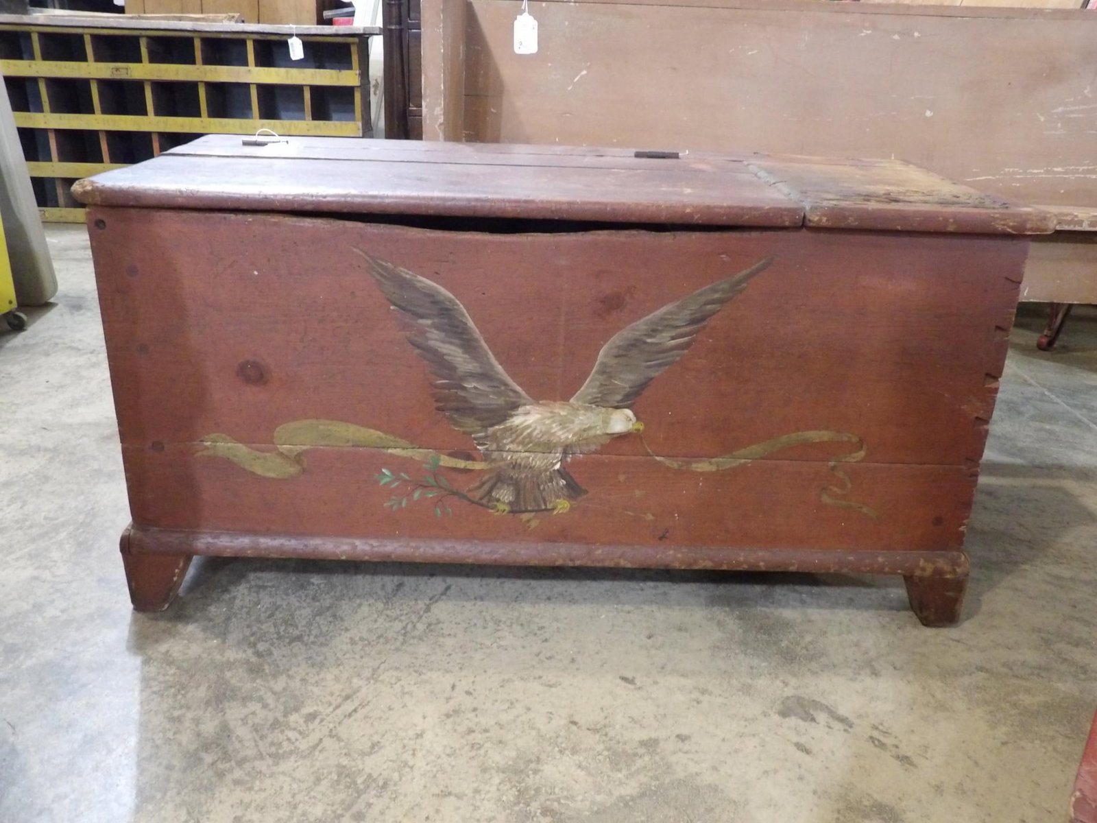 Hand Painted Eagle Chest : One area of wood loss to top. Very solid. Dovetailed corners, square nailed and lift top. 42 X 18 X 21.
