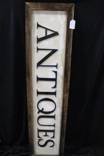 Primitive Antiques sign: Framed masonite sign with composite letters. 15 IN; x 62 IN;.