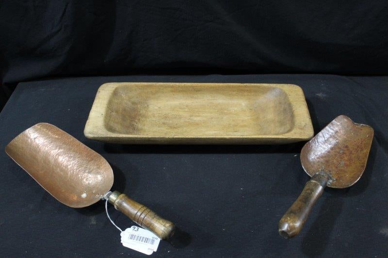 Primitive trencher & 2- Hammered copper scoops : Trencher is 19 1/2 IN; long 7 IN; wide, scoops are 16 IN; long.
