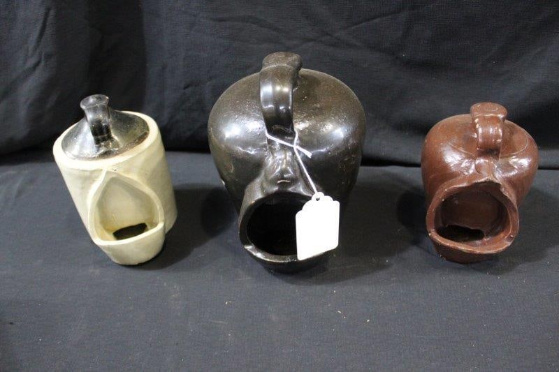 3- Dalton Pottery chick waterers: All are marked Dalton Pottery and have a few minor Nicks, small brown has a significant chip on top. 2 small are approx 1 qt. Large is approx 1-gal.