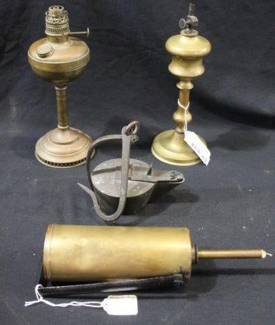 4- Various brass Whale oil Betty lamps: .