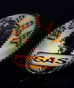 Polly Ghost Shadow gas pump globe: Graphics created by Jim Treadway of T-Way Graphics in Michigan. Limited edition 1 of 30 made. 2- 15X34; lenses on low profile metal powder coated body. Ghost image, light rays show only when lit up. D