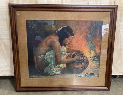 Native American Print: Excellent color with a burlap framed backing. Printed by Campbell prints Inc NY. Original artist Eanger Irving Couse. 33 X 29