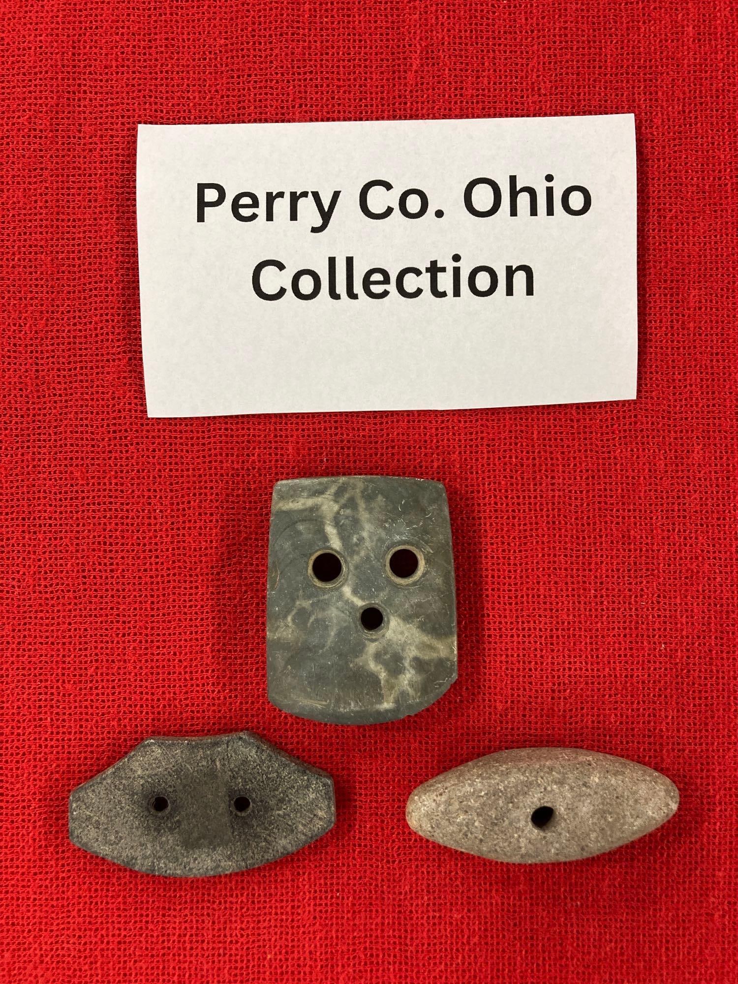 3- Native American Gorgets: Each piece has a different shape and number of drilled holes. All are approximately 2.5 inches long. these artifacts were found on a Perry County Ohio farm.