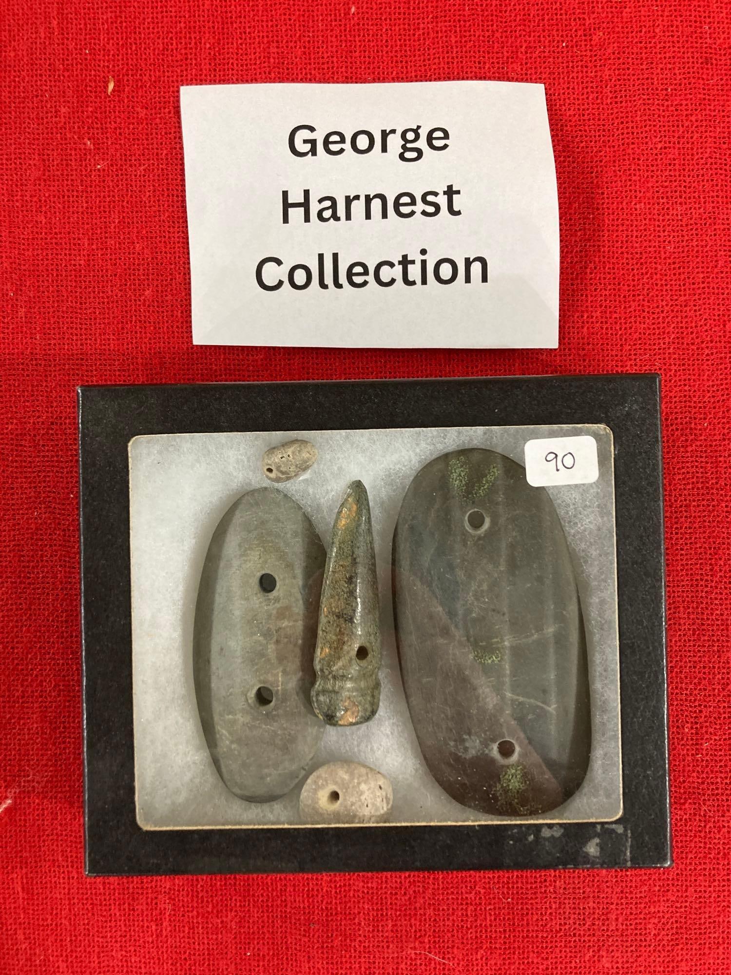 NATIVE AMERICAN PENDANTS, GORGETS: LARGEST GORGET IS 4X2 IN. INCLUDES 5 PIECES. FROM GEORGE HARNEST COLLECTION