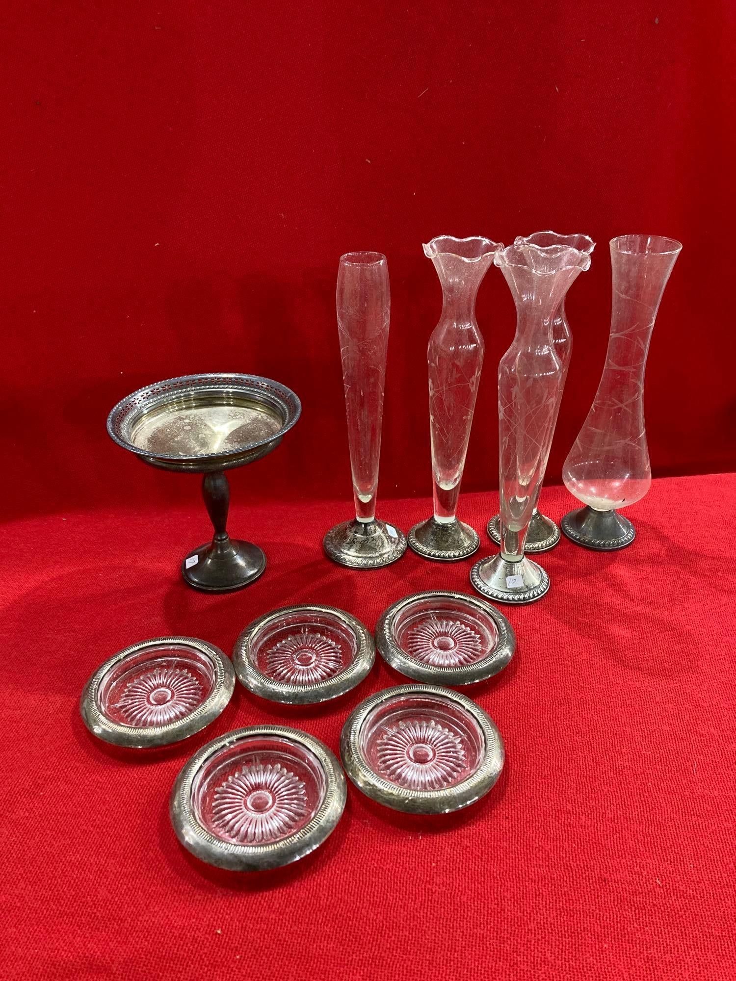 STERLING SILVER AND GLASS VASES AND COASTERS (1 of 8)
