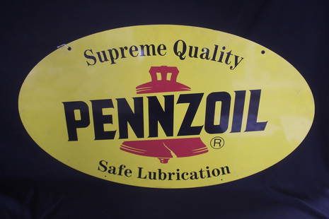 Pennzoil Red Bell DST Sign: Marked Scioto Signs, Kenton Ohio 1988. Minor scratches on either sides. 18 X 31