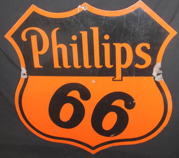 Phillips 66 Porcelain Shield Sign: Sign has dings and several spots of rust. Great sign with a few flaws. 30 X 29. Marked Veribrite Signs Chicago. Double sided.