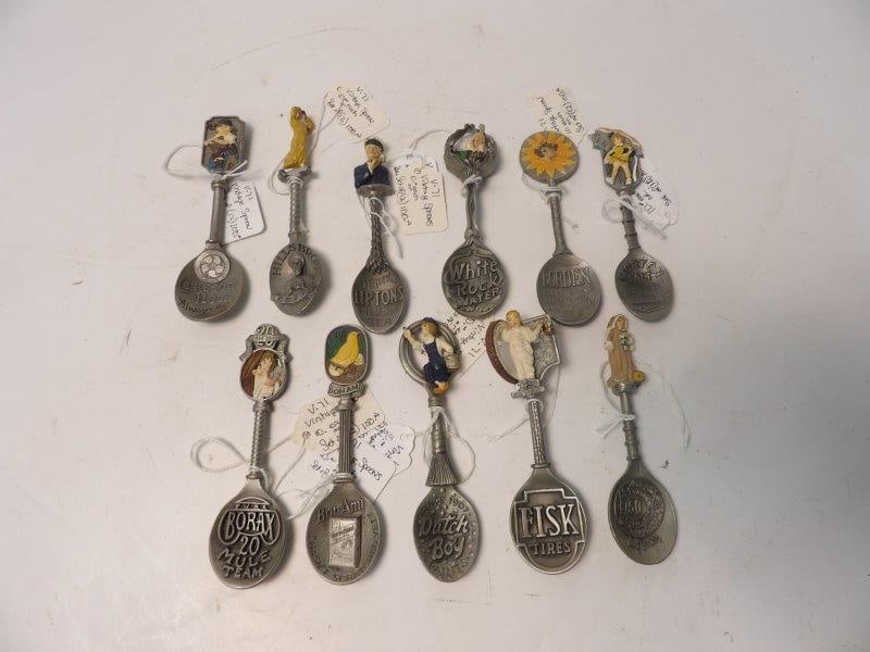 SET OF 10 VINTAGE PRODUCT SPOONS: BRANDS INCLUDES ARE FISK TIRES, BORAX LIPTON TEA, MARY JANE, MORTON SALT AND MORE.