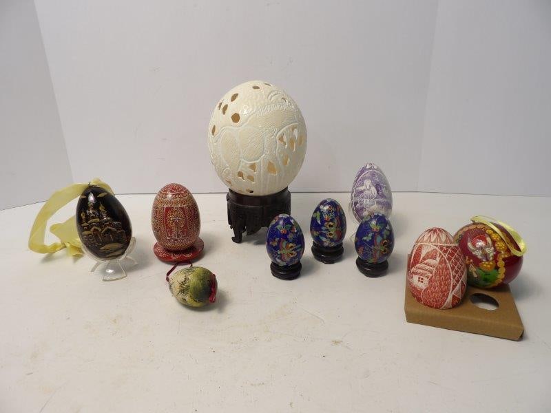 CARVED OSTRICH EGG, CLOISONNE EGGS & RUSSIAN EGGS (1 of 7)