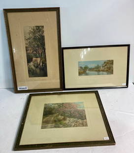 WALLACE NUTTING SIGNED ARTWORK: 3 nature scenes. One picture has some spotting on the backing around artwork. Measurements include Our Tender Leaf 21X 13, River Curves 17.5 X 12, and Honeymoon Stroll 17.5 X 15.