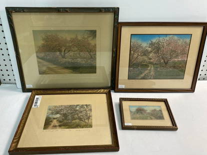 WALLACE SIGNED ARTWORK: Four piece framed Wallace Nutting pictures. Untitled 7.5 X 5.5, A Belle of the Older Day, 13 X 11 Through the Orchard 14 X 12 and The Hope of the Year 16 x14