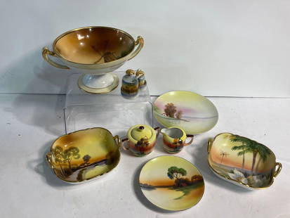 HAND PAINTED NIPPON DISHES: Great variety including sugar and cream dishes, candy, dishes, salt, pepper, and sugar set and other handpainted plates. All are in very good condition, have great color, no chips or cracks. 11 pieces