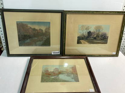 WALLACE NUTTING SIGNED ARTWORK: three nature scene art pieces one titled Brookside Blooms 17 X 14, Where Grandma Was Wed 18 x 14, and The Charles in October 18 x 13.5- this one has a cracked corner.