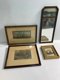 WALLACE NUTTING FRAMED ARTWORK: 4 smaller framed pieces of artwork. Sizes include 6 X 5, a framed mirror, 14 X5.5, 10.5 X nine, and 11.5 X 7.5.