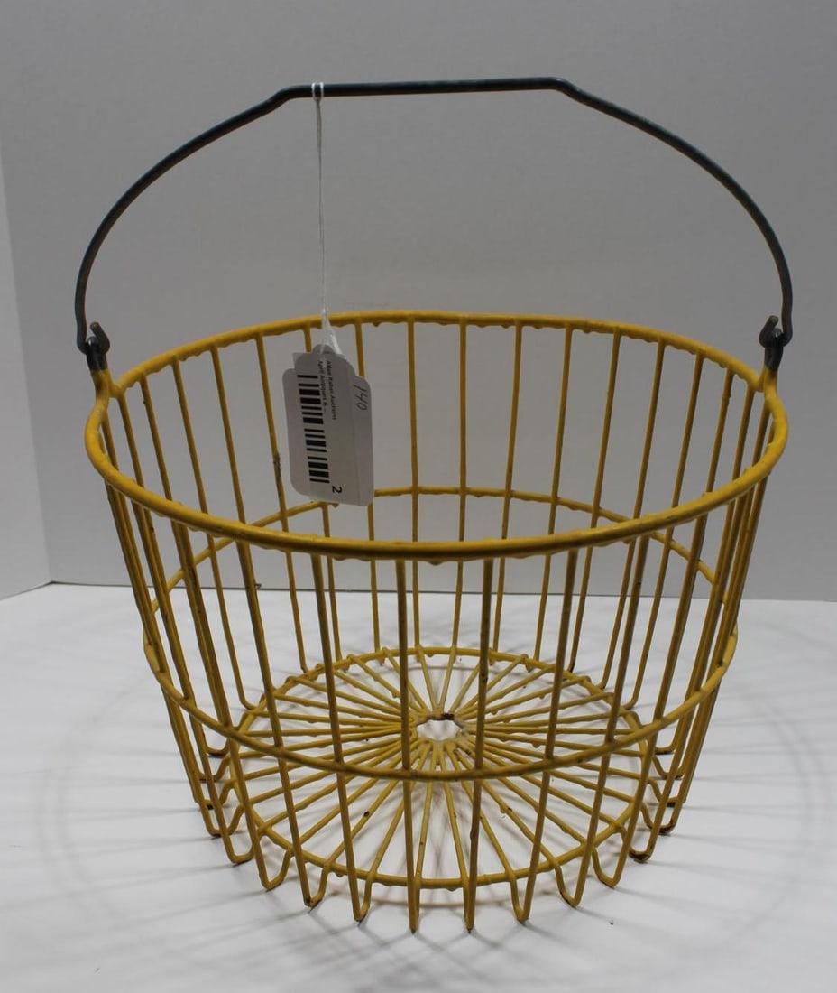 YELLOW EGG BASKET: 9 INCHES TALL, TOP DIAMETER IS 14 INCHES